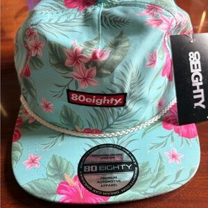 NWT 80eighty Aloha Premium Tropical Floral Rope-Trim Hat - Aqua & Pink